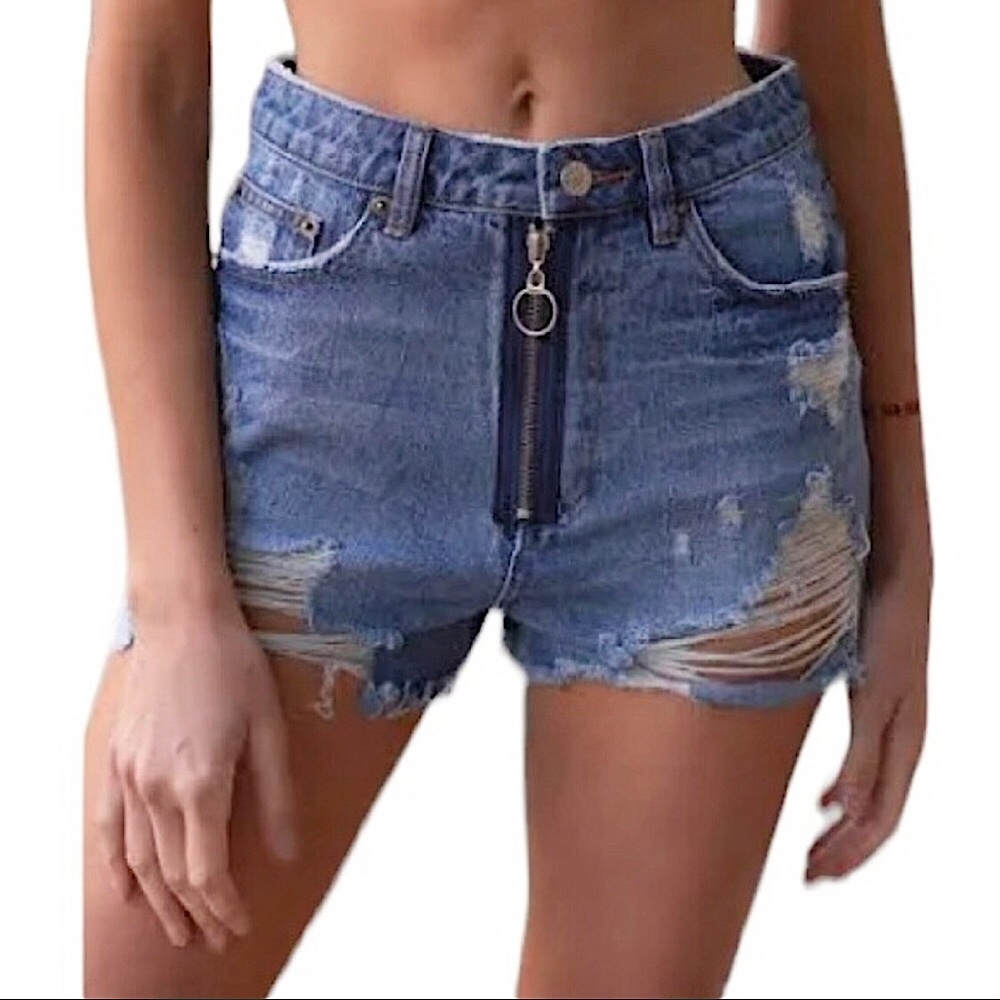 Signature8 High Waist Distressed Jean Shorts Front Zip DRing Size S Waist 27 NEW